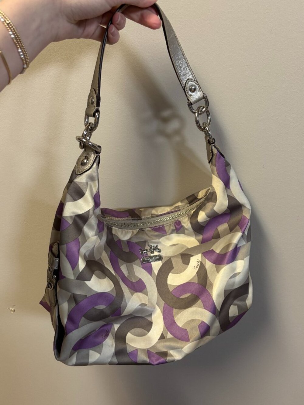 Coach Madison Op Art Hailey Hobo Purple Gray Cream
